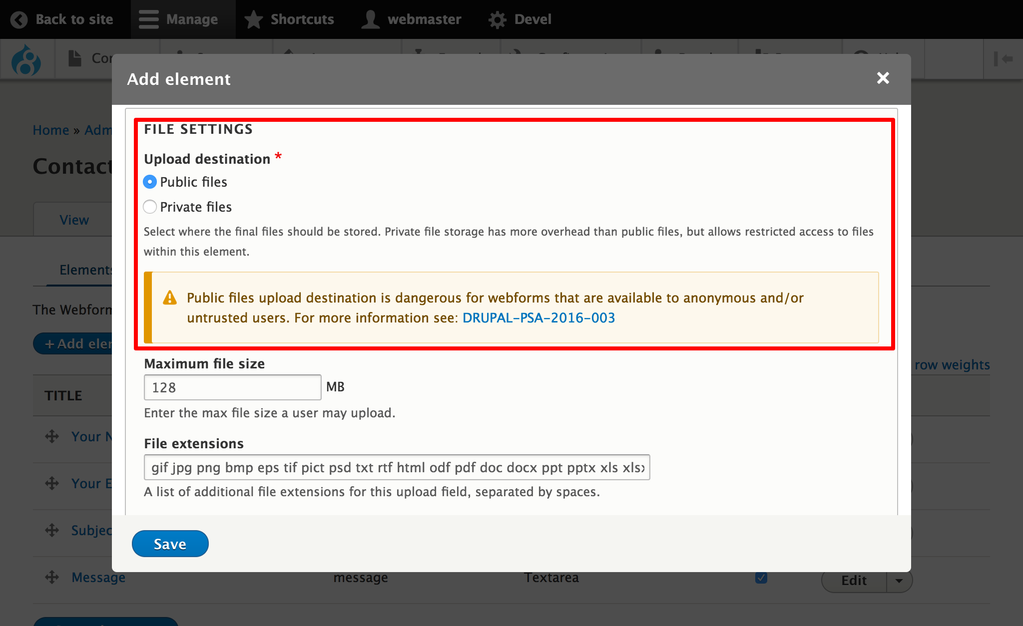 Webform file upload element