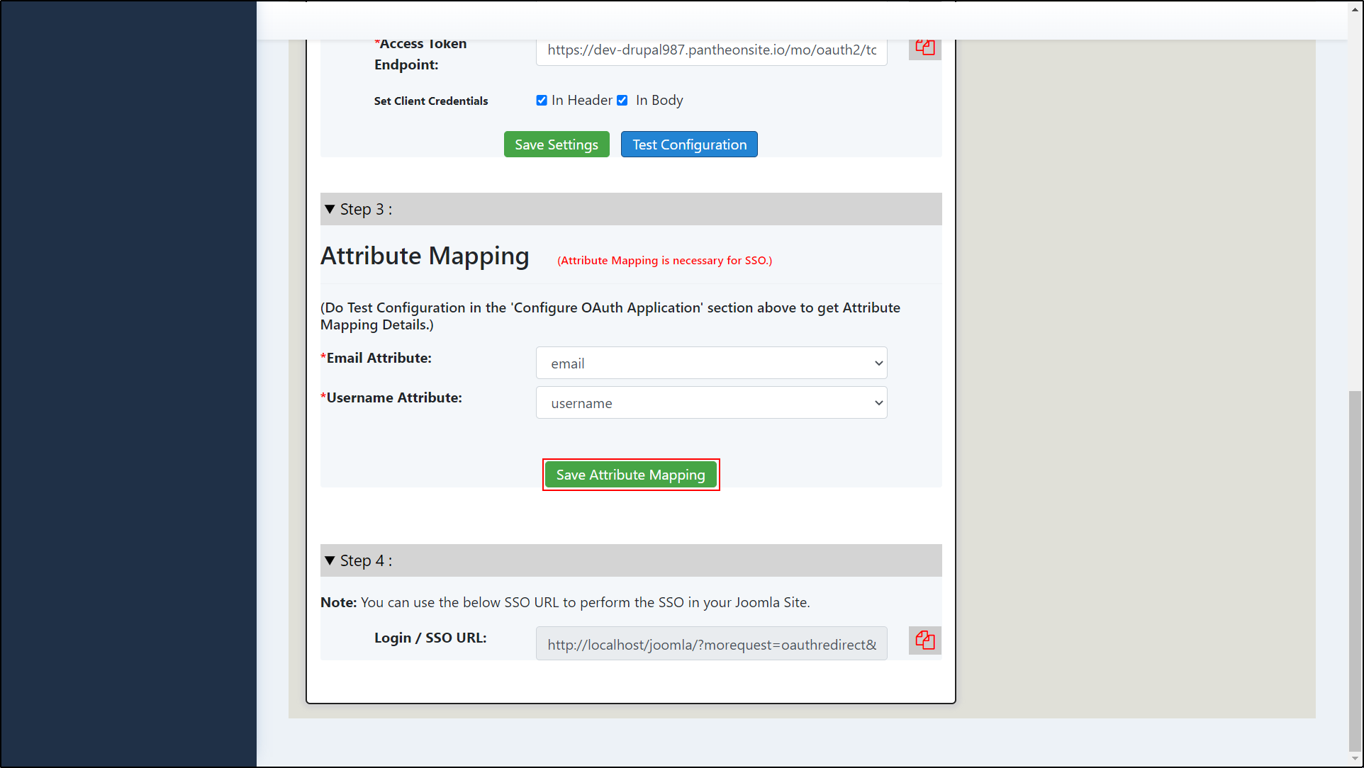 Joomla OAuth Client Click Save Attribute Button