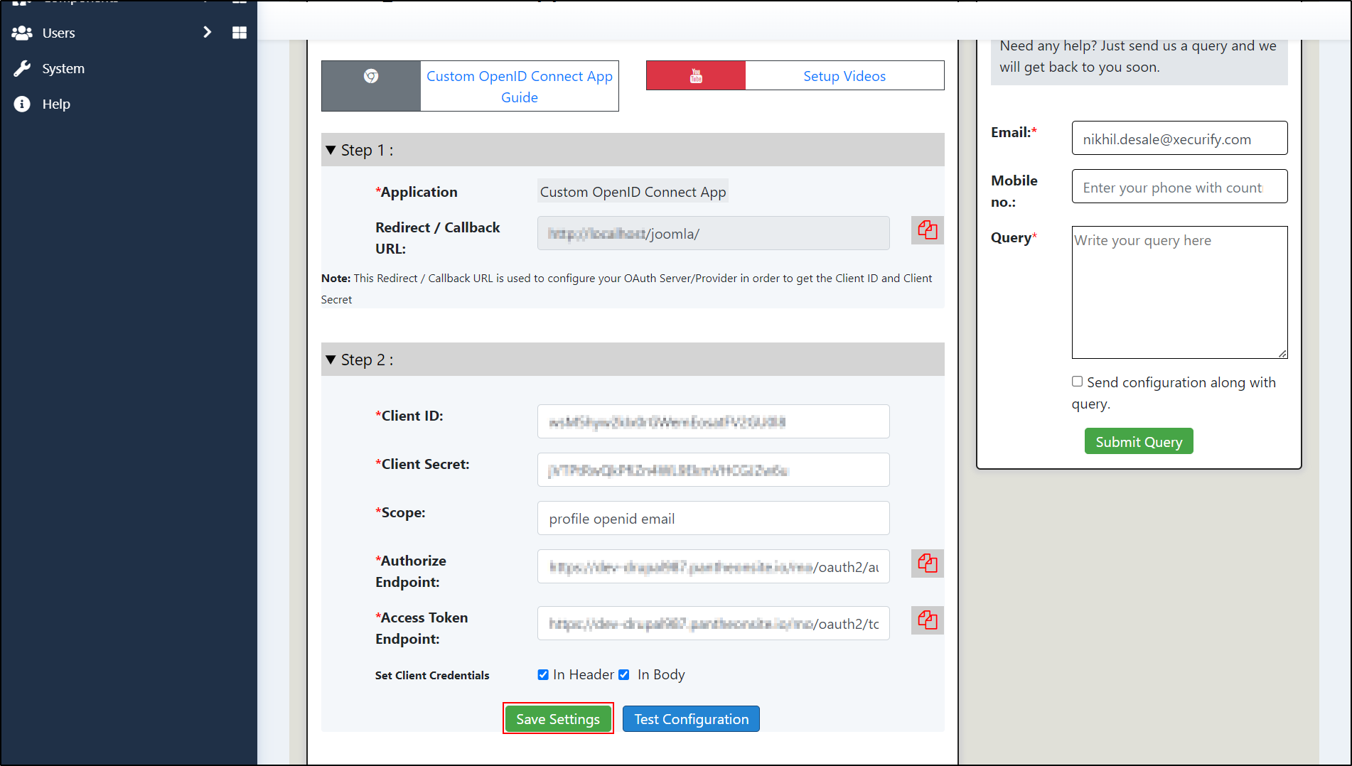 Joomla OAuth Client Click Save Settings