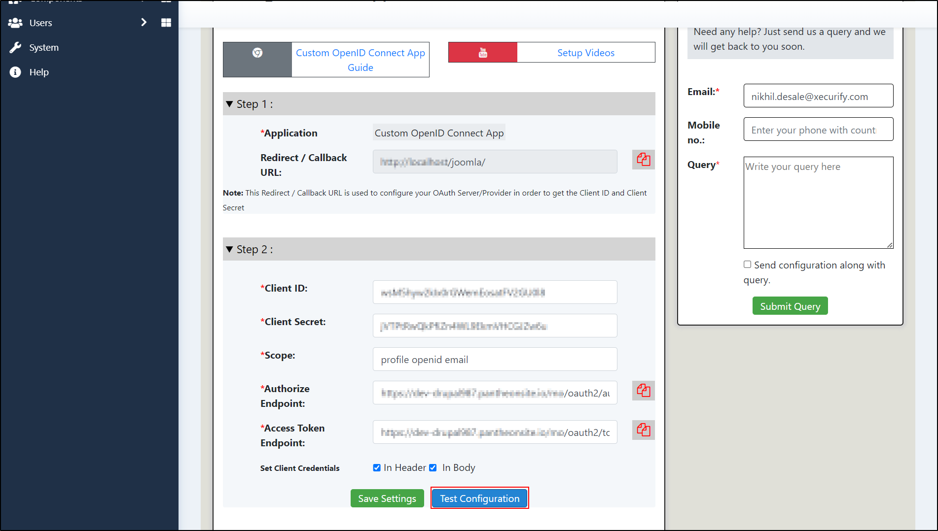 Joomla OAuth Client Test Configuration