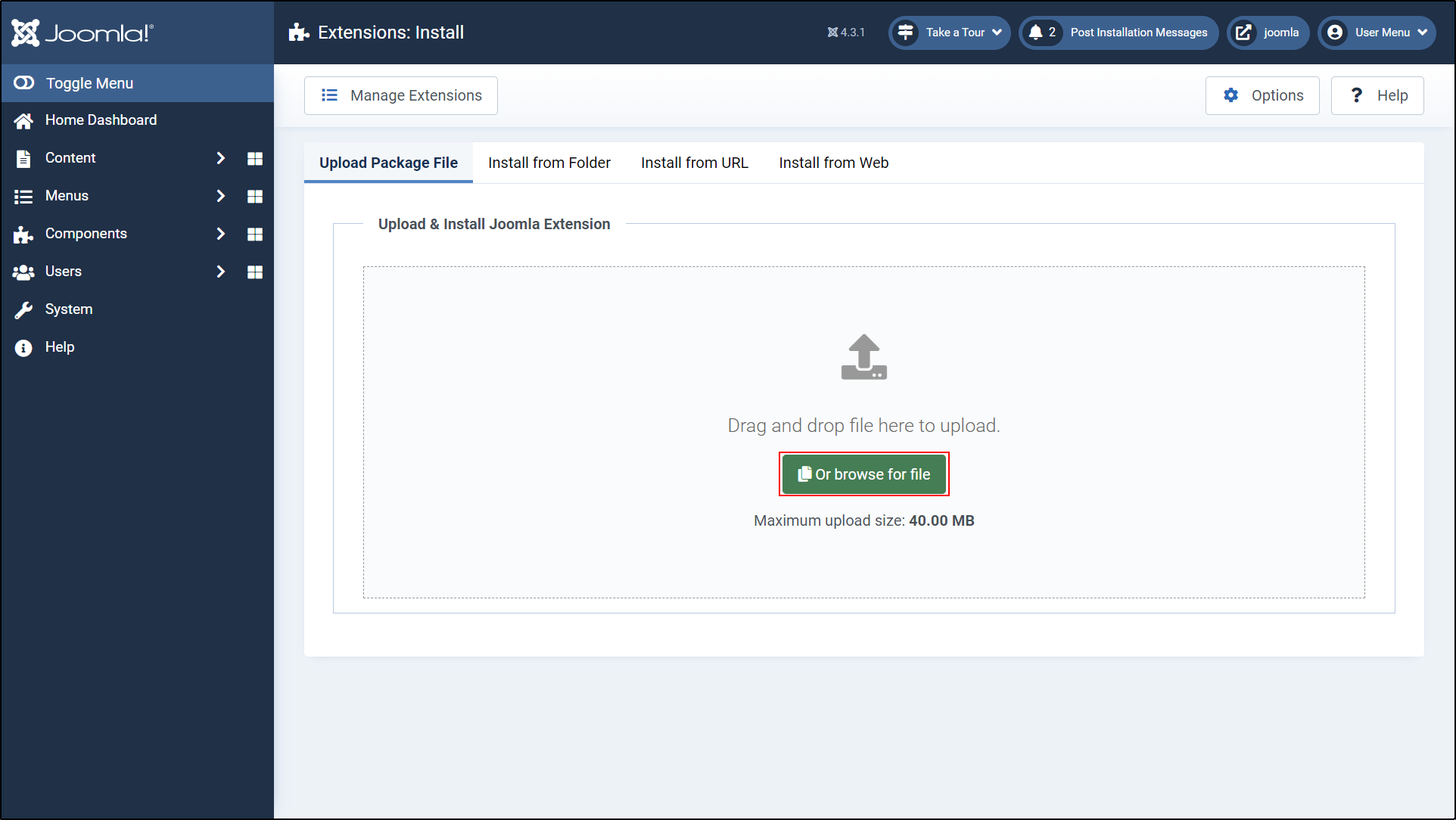 Joomla OAuth Client Enter Zip File