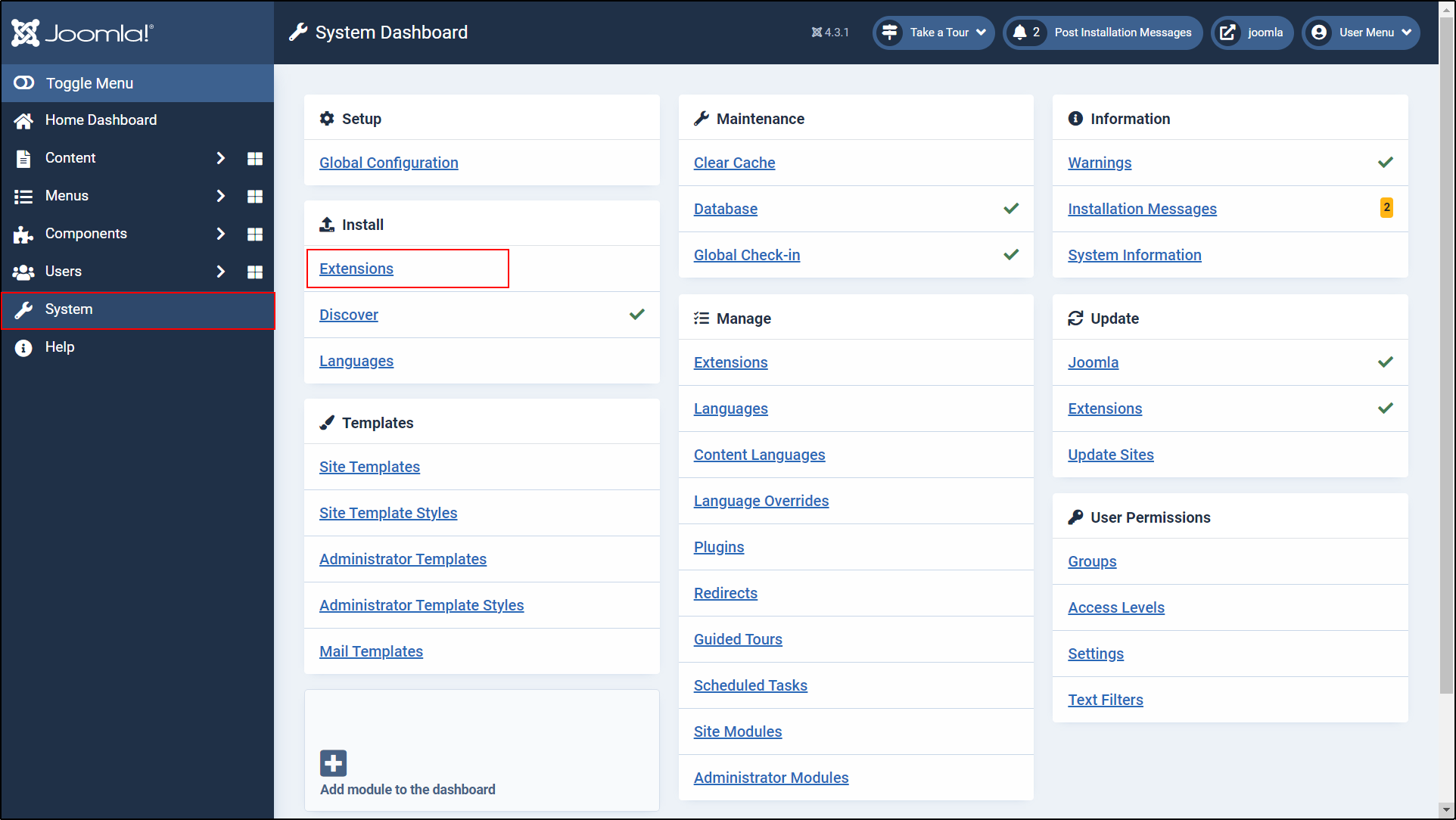 Joomla OAuth Client Navigate to Extensions