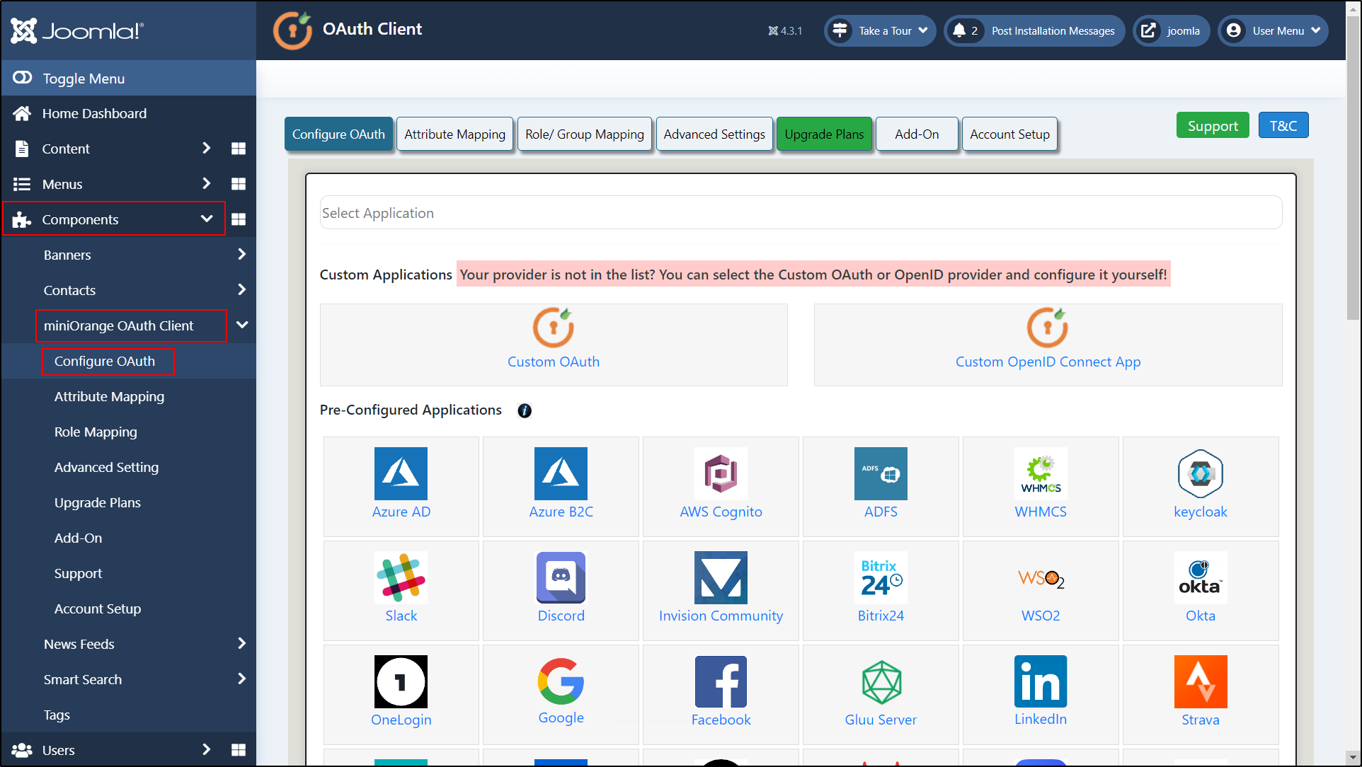 Joomla OAuth Client Navigate to Configure OAuth Tab