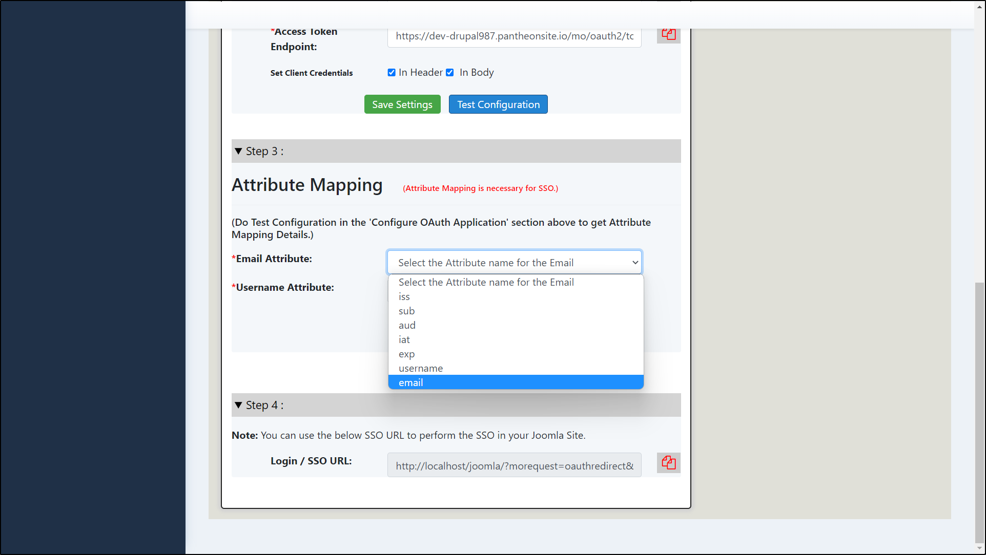 Joomla OAuth Client Select Email Attribute