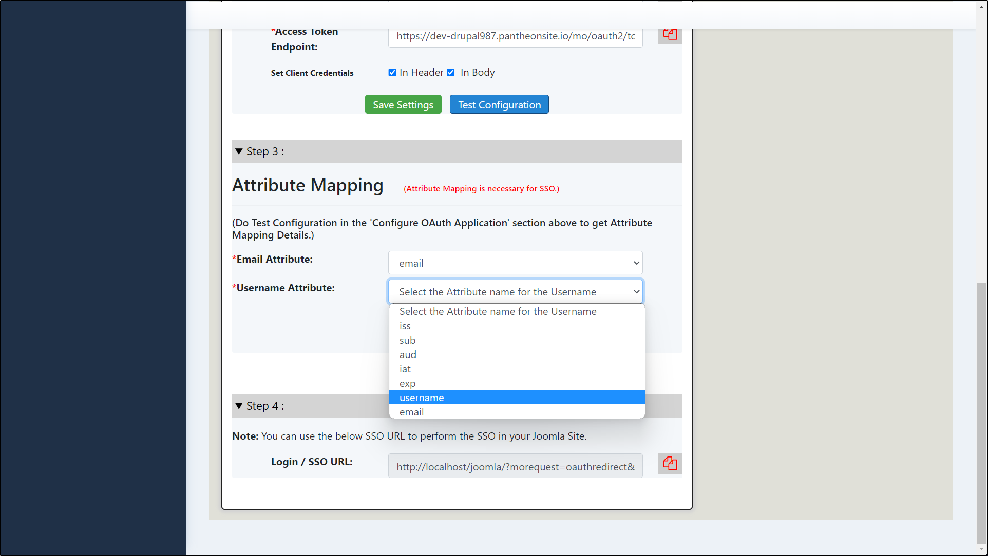 Joomla OAuth Client Select Username Attribute