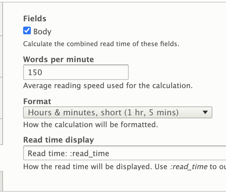 Screen shot of Read time fields