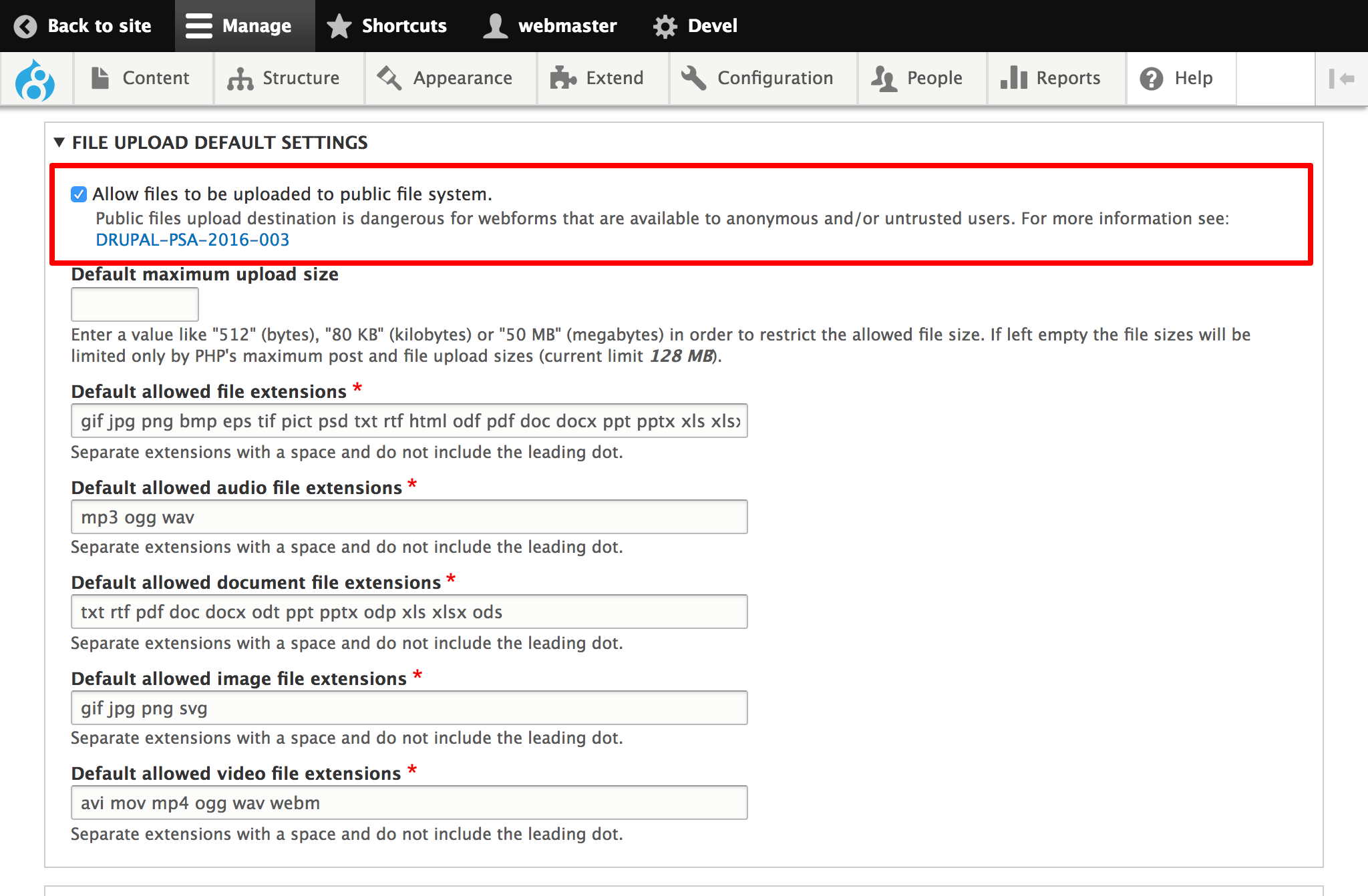 Webform admin settings
