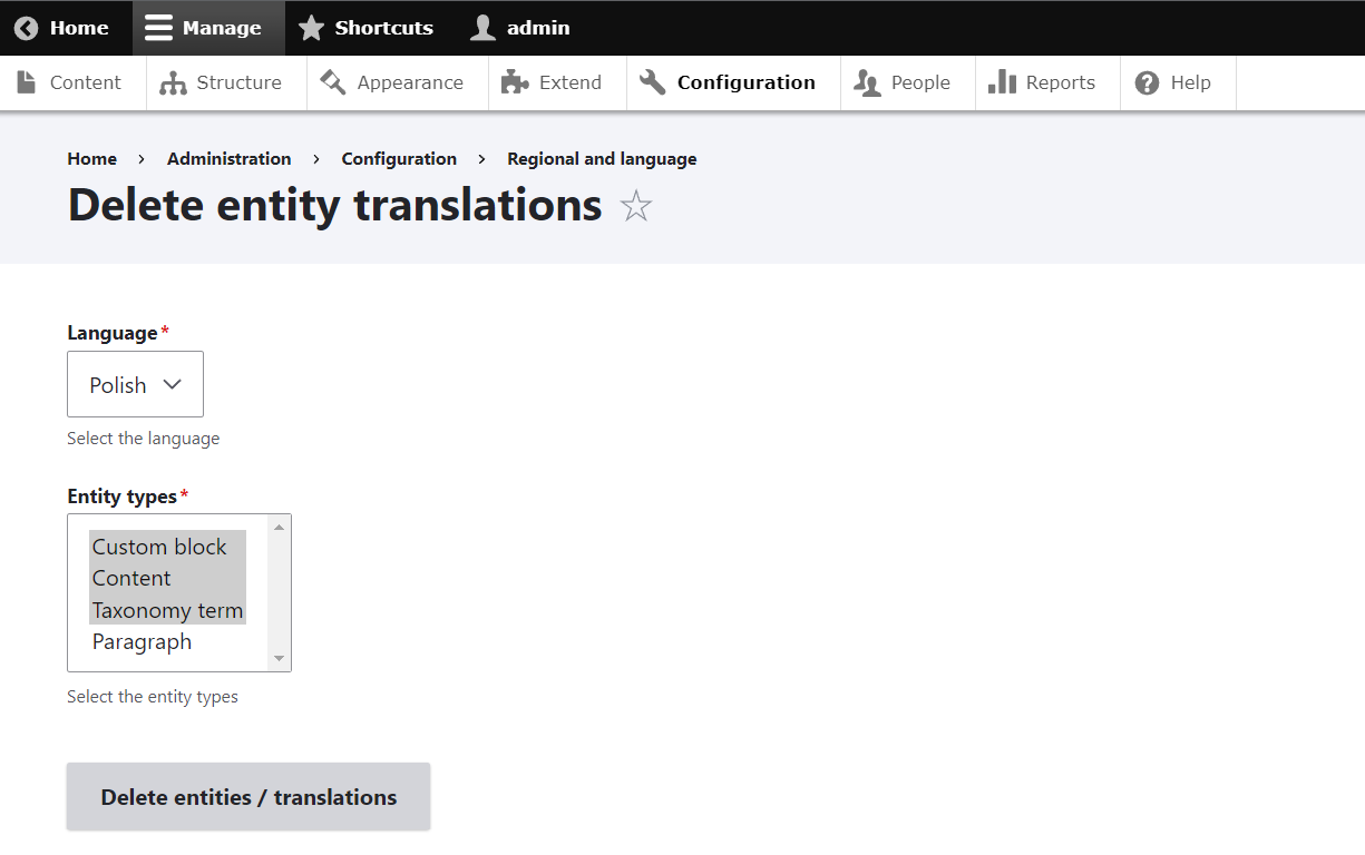Delete Entity Translations Form