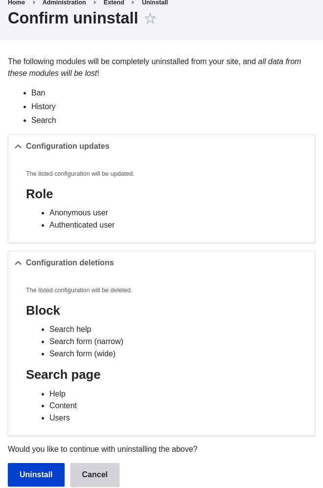 Confirm uninstall - search module