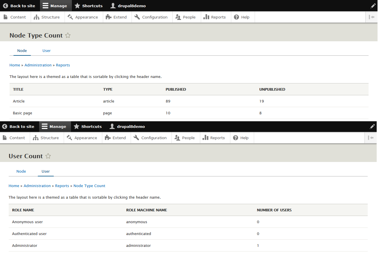 Drupal 8 node type count