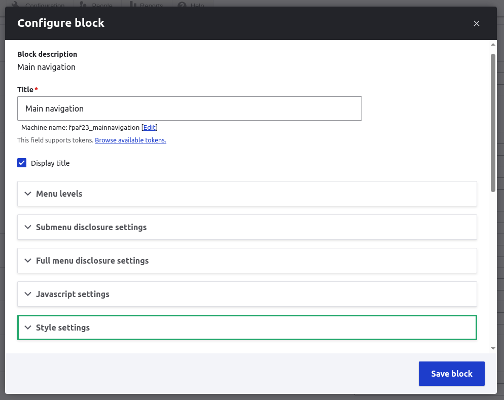 The block's configuration page with Disclosure Menu options.