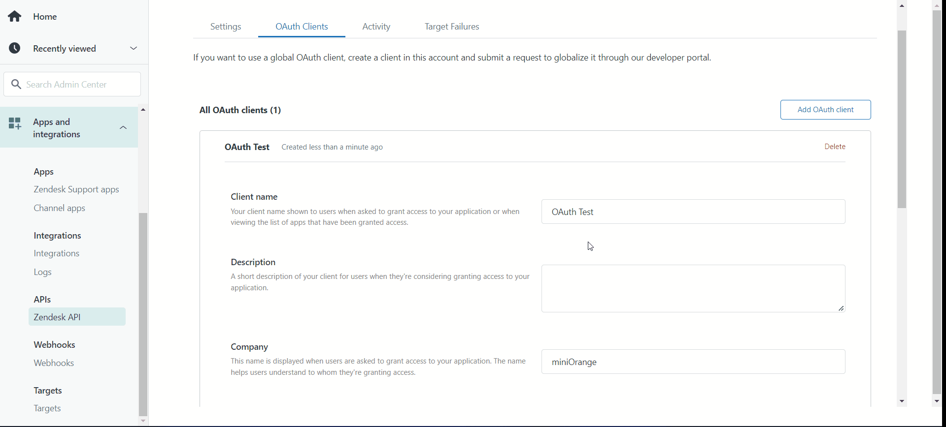 Drupal OAuth login zendesk copy client secret