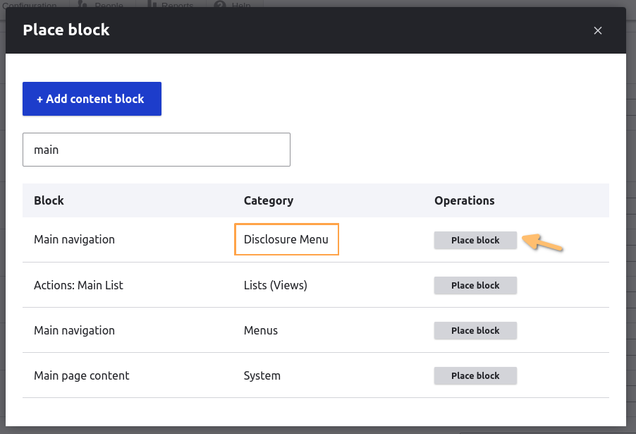 Drupal's modal for placing a block in a region.