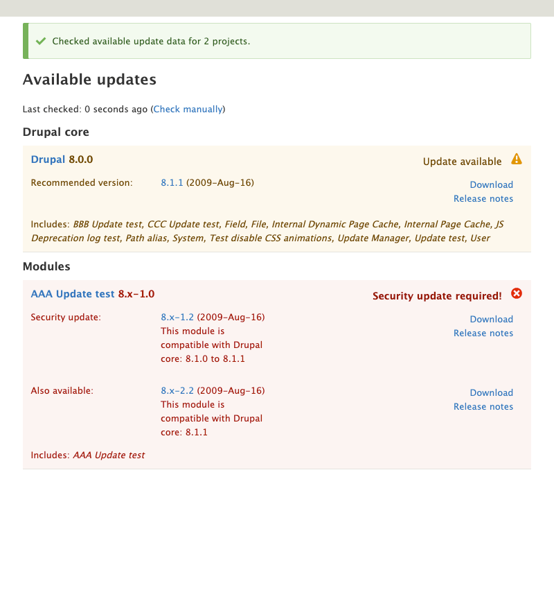 Screenshot of available updates report showing core compatibility ranges (narrow)