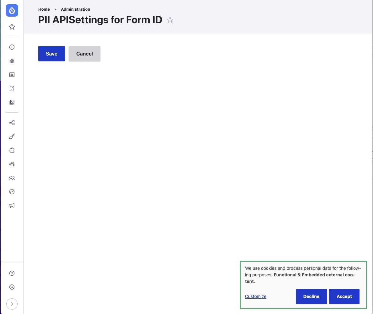 an empty pii api settings page with just a save and cancel button