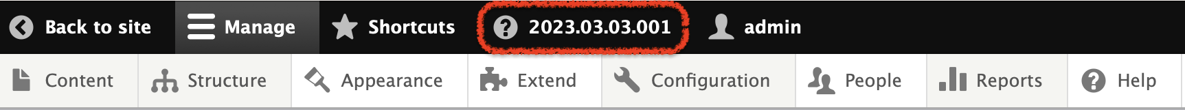 A Drupal backend, with the Release Version module's output in the toolbar.