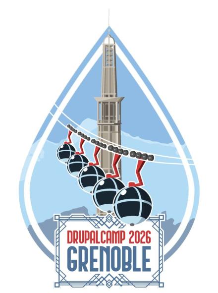 The DrupalCamp Grenoble 2026 logo features the city’s cable car cabins and the Perret Tower, set against a mountainous backdrop.