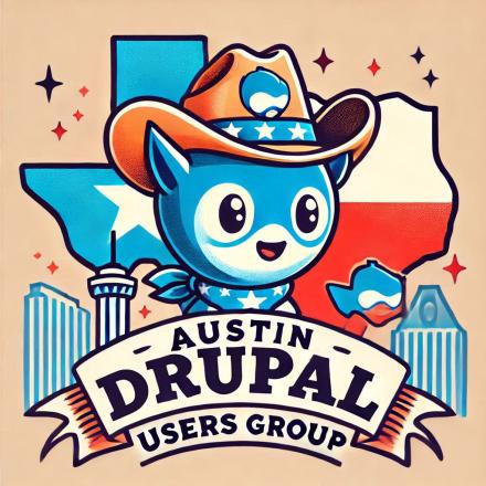 Austin Drupal Users Group logo with a Druplicon wearing a Texas style hat