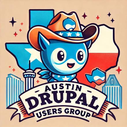 Austin Drupal Users Group logo with a Druplicon wearing a Texas style hat