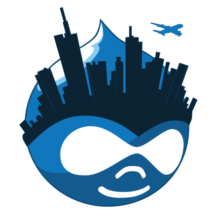 Druplicon with added illustration of Frankfurt Skyline and a fyling plane.