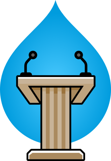 Logo of a lectern in front of a blue drop