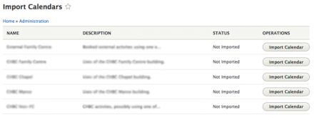 Calendar Import screen, showing calendars available to the google account, with no calendars yet imported.