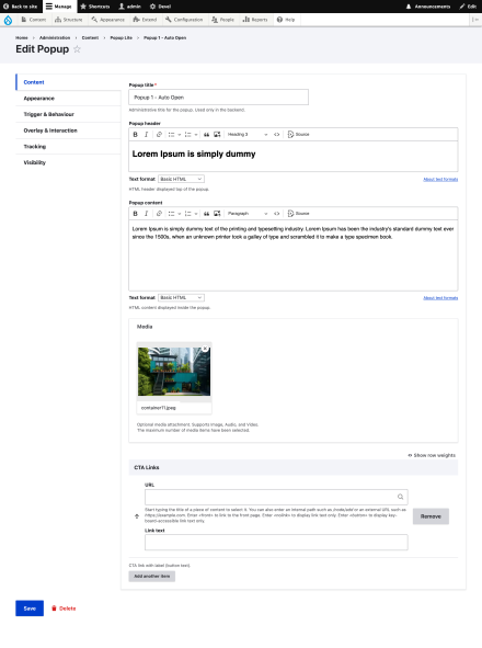 Popup configuration
