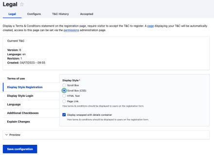 Legal admin page