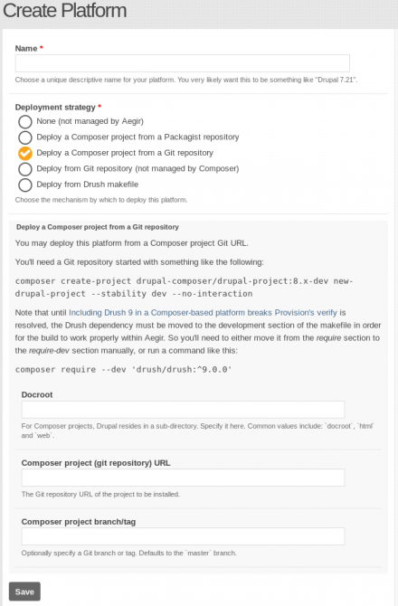 Platform creation form: Deploy a Composer project from a Git repository