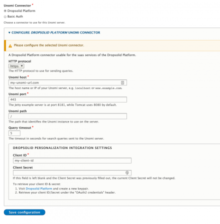 Unomi configuration page for Dropsolid Platform