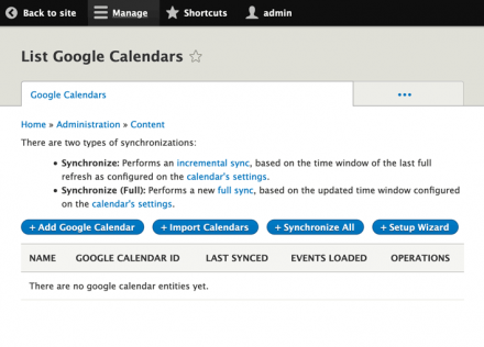 List of Calendars, with links and status.