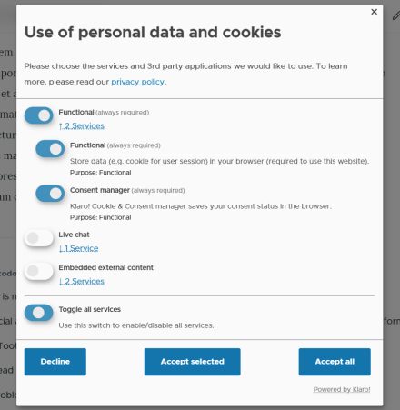 Screenshot of consent modal (grouped by purpose)