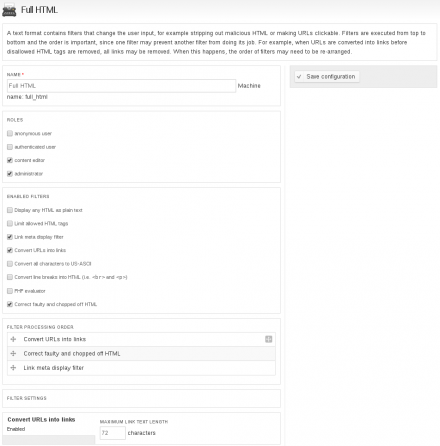 Configuration of filters