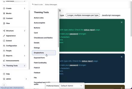 Screenshot of navigation menu open showing various links to theming tools