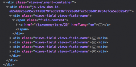 Source code of an HTML page showing no divs between items in output of Views markup.
