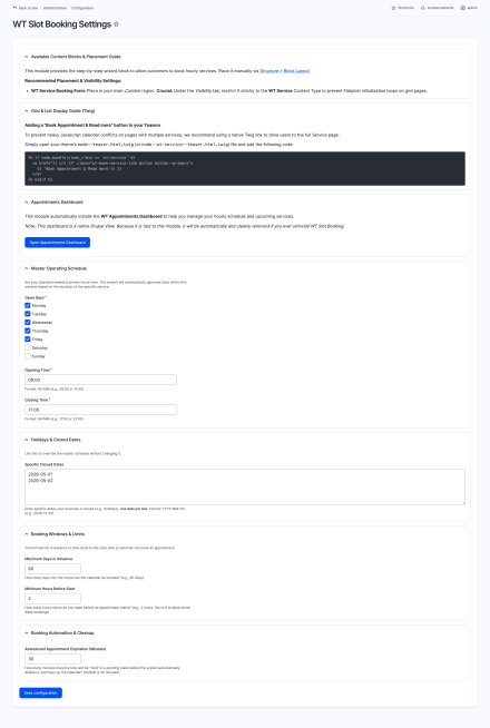 WT Slot Booking, Settings page example