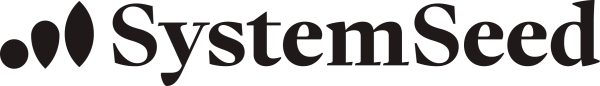 Logo with the word SystemSeed in black text and three increasing symbols on the left that look like a seed, a drop, and a leaf.