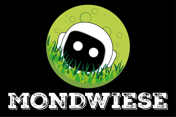 Logo der Mondwiese GmbH - Astronautenhelm mit zwei weißen Augen auf einem grünen Mond